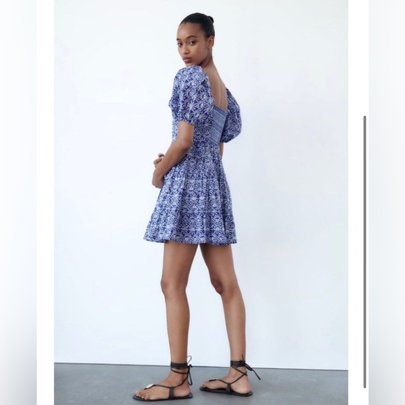 ZARA Puff Sleeve Block Print Sundress Mini dress size Large - Picture 2 of 7